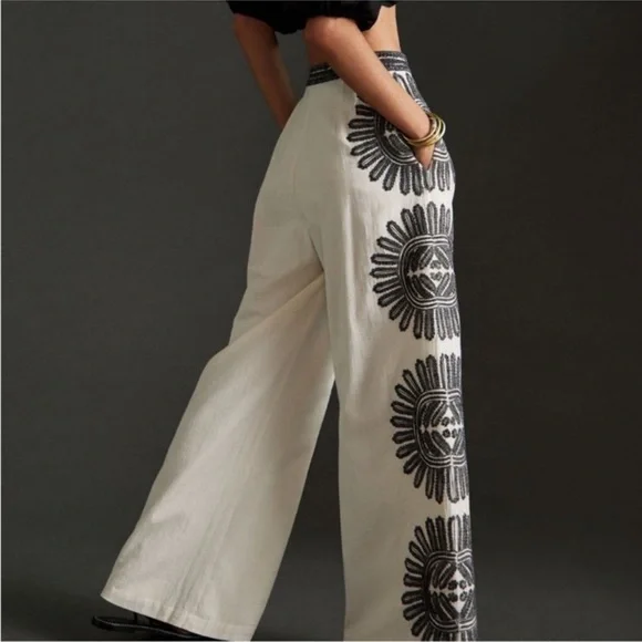 Anthropologie Embroidered Chic Cream and Black Floral Wide Leg Pants - Picture 4 of 12